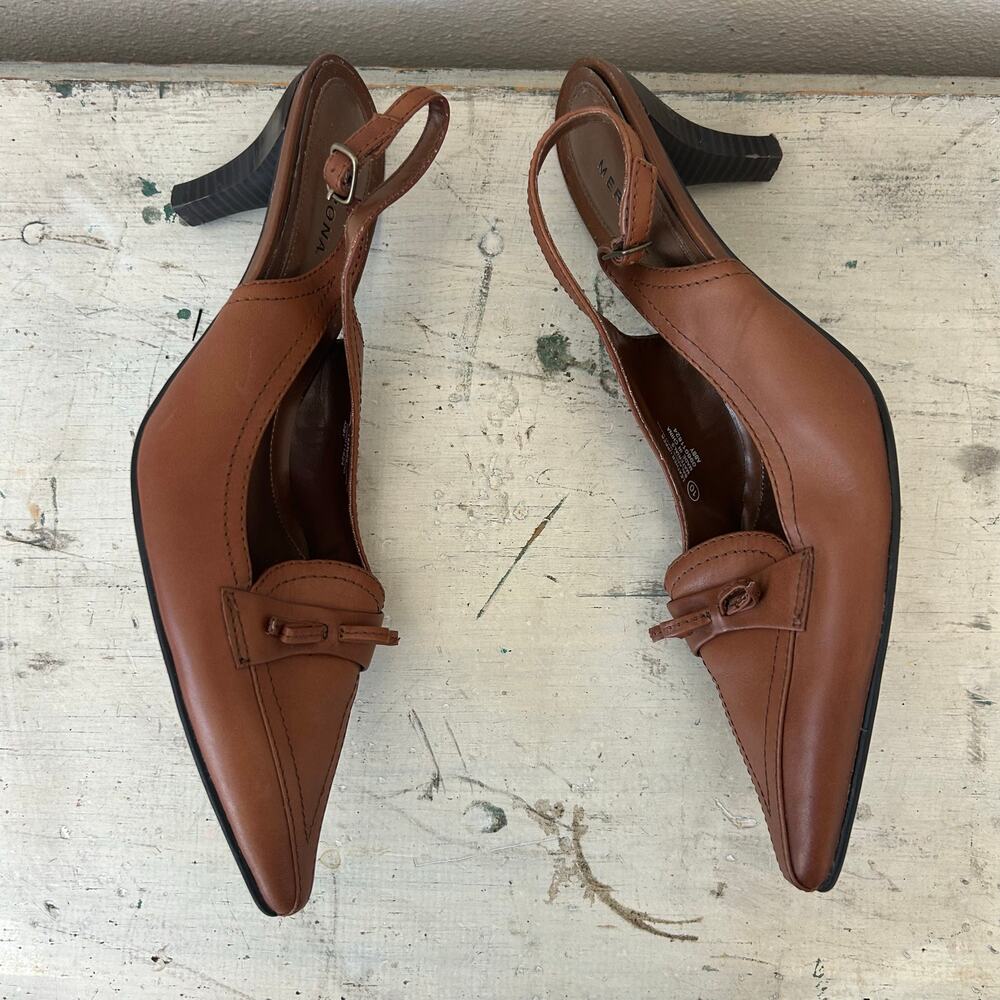 Vintage Merona Abby leather Sling back kitten Heel pointed toe bow coaquette 10 - Picture 9 of 12